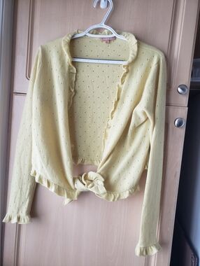 Women's 100% Cashmere Light Yellow Ruffle Tie-Front Cardigan